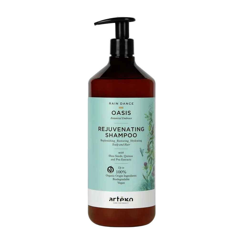 Artègo Rain Dance Oasis Rejuvenating Shampoo idratante e rinforzante per capelli spenti e fragili: corpo, luminosità e protezione dallo stress ossidativo.